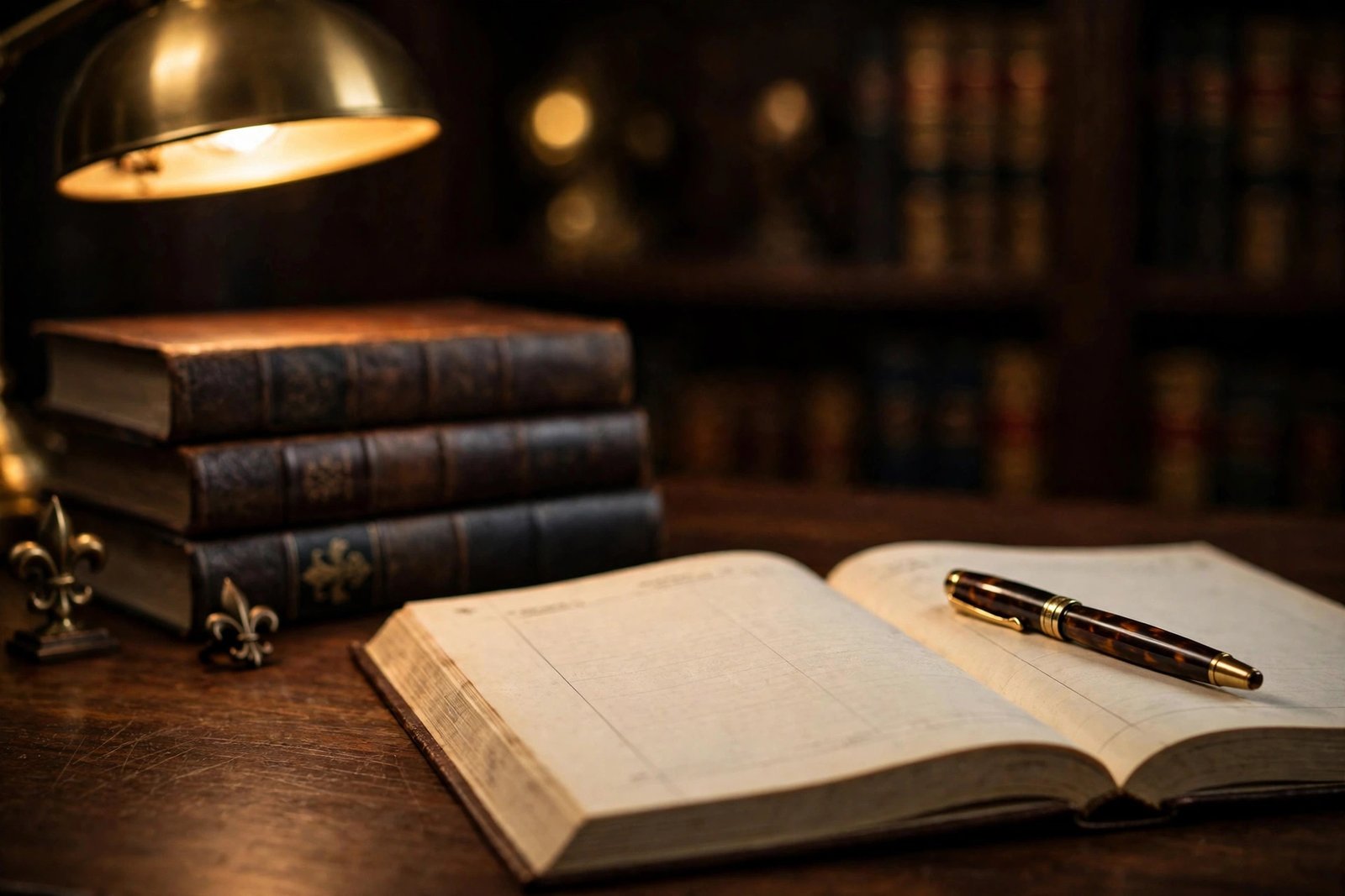 Attorney's desk with bound volumes